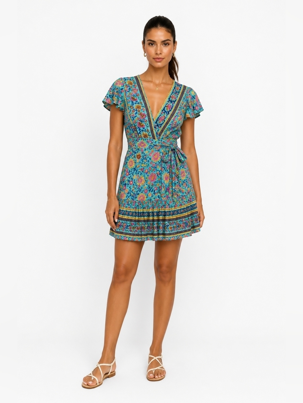ZESICA Boho Floral Wrap Mini Dress Women V-Neck Short Sleeve Ruffle Hem Summer .